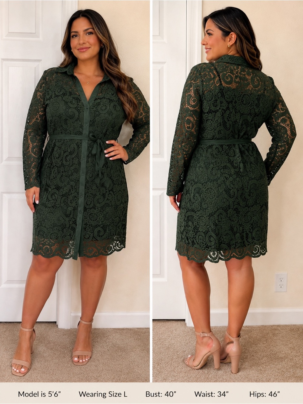 Nanette Lepore Dark Green Lace Long-Sleeve Shirt Dress